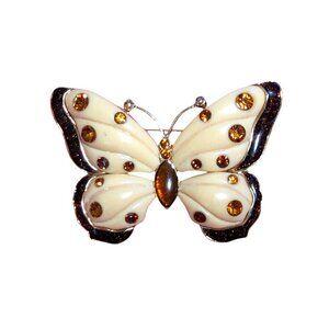 Butterfly Statement Brooch Rhinestone Amber Diamond Pin Costume Boho Gold Tone